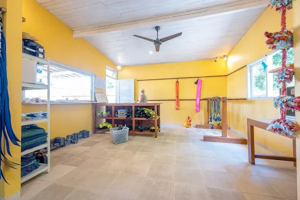 Salle de stockage du centre avec équipement de plongée et étagères