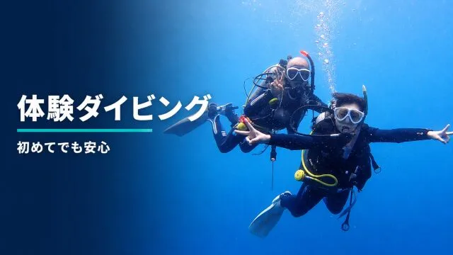 Deux plongeurs souriants en combinaison, équipés, dans l'eau bleue