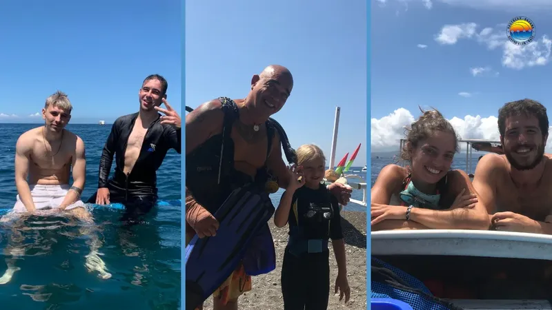 Trois compositions de personnes souriantes, en mer ou sur la plage