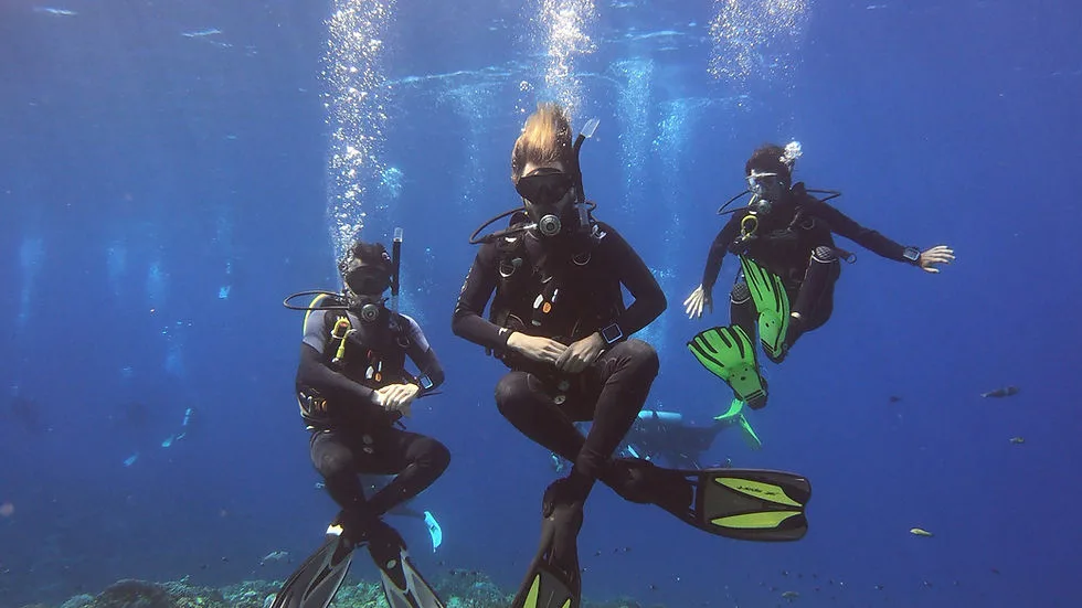 Trois plongeurs en combinaison explorent les fonds marins bleus