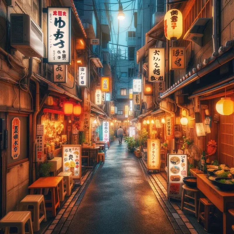 Ruelle étroite en ville, éclairée par des lanternes et enseignes japonaises