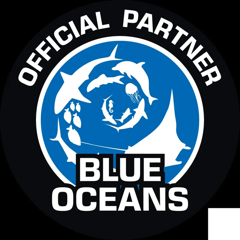 Logo bleu et blanc avec des animaux marins nageant ensemble