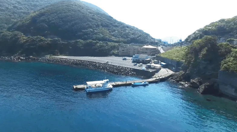 Vue aérienne d'un centre de plongée avec bateaux et bâtiments côtiers