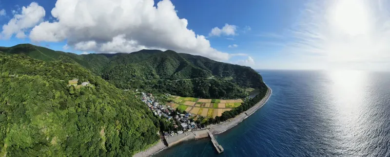Vue aérienne d'une côte rocheuse avec un petit port et des champs