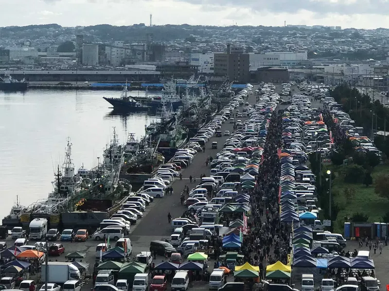 Vue aérienne d'un port avec des bateaux et beaucoup de monde