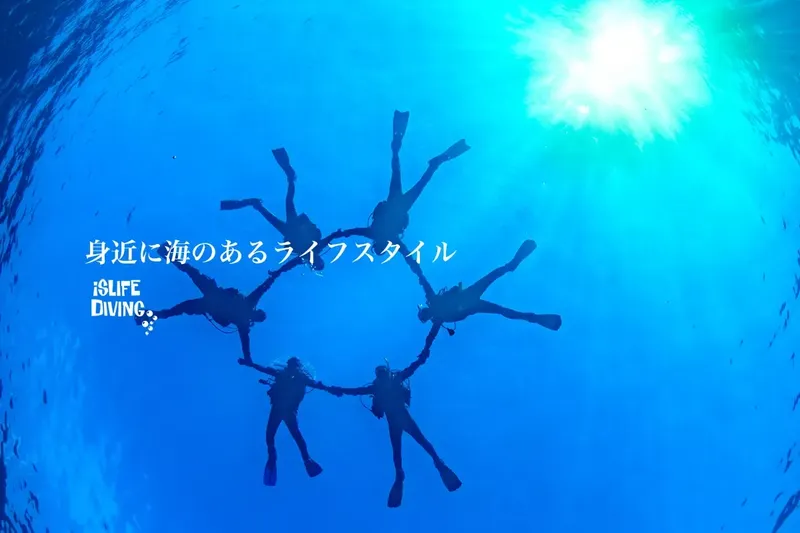 Plongeurs en cercle sous l'eau, lumière du soleil, ambiance marine
