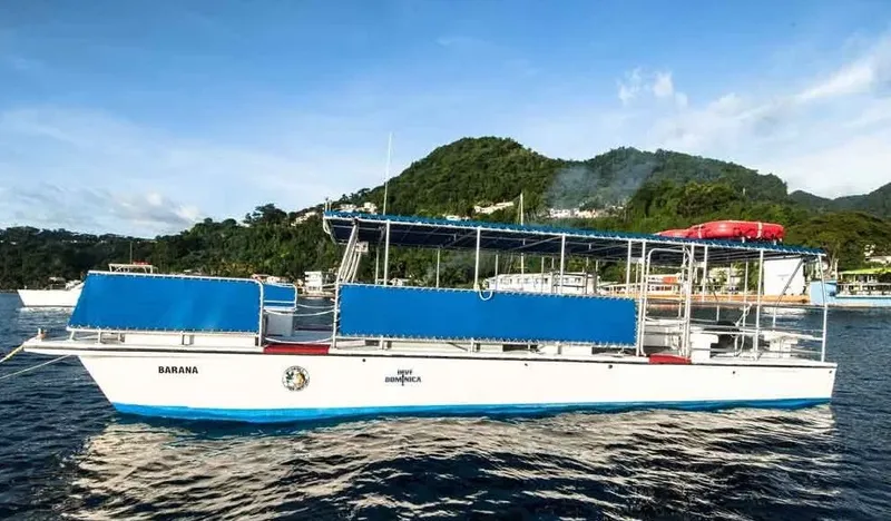 Bateau de plongée blanc et bleu sur une mer calme