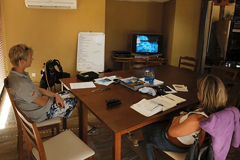 Deux personnes suivent un cours de plongée dans une salle