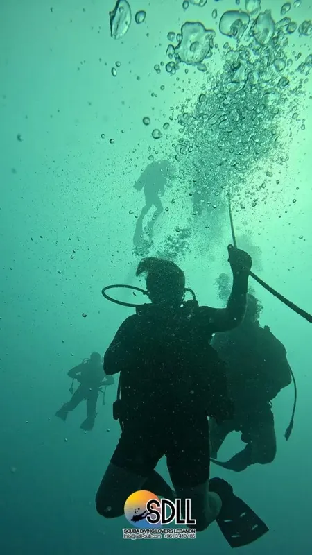 Plongeurs en silhouette dans une eau turquoise avec des bulles