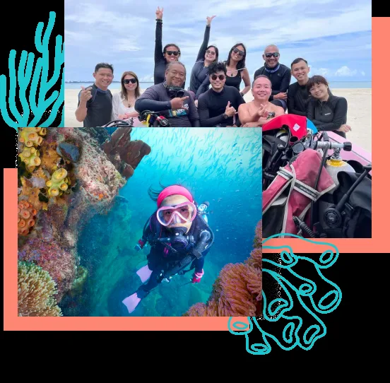 Groupe de plongeurs souriants sur une plage et en exploration sous-marine