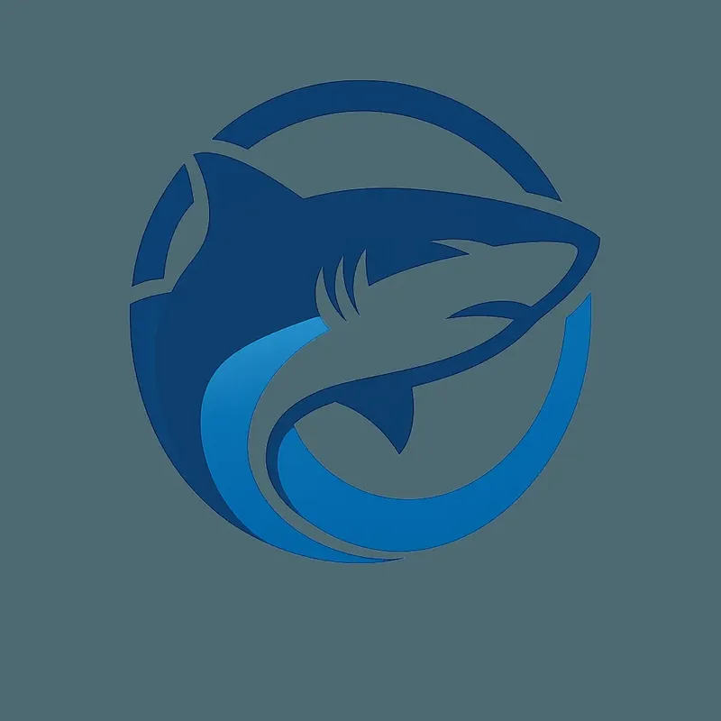 Illustration d'un requin stylisé dans un cercle bleu sur fond gris
