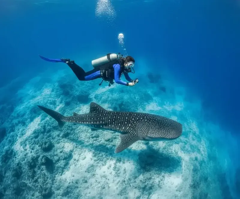 Plongeuse nageant avec un requin baleine dans une eau claire