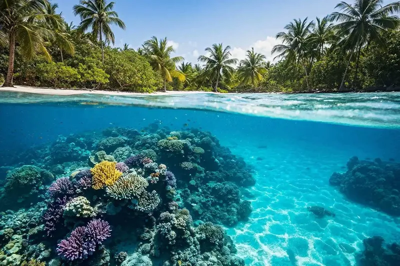 Recif corallien coloré avec poissons et plage tropicale en arrière-plan