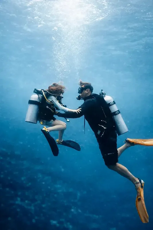 Deux plongeurs interagissent dans l'eau bleue, une femme et un homme