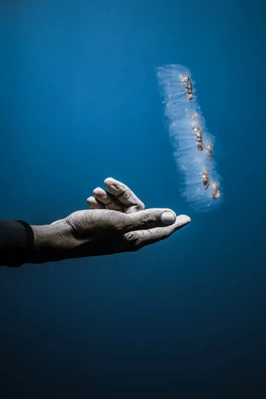 Une main tendue reçoit des nudibranches flottant dans l'eau bleue