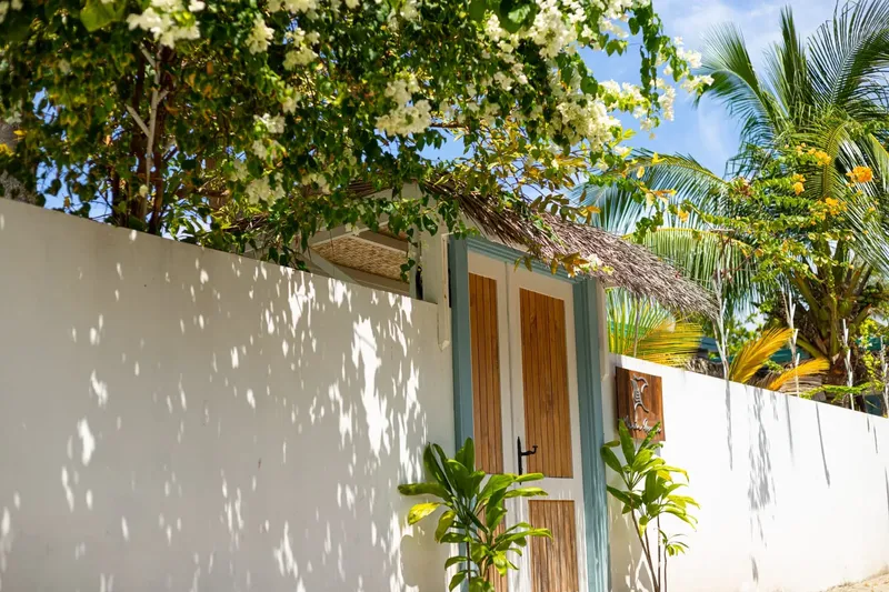 Petite construction colorée avec porte ouverte, fleurs blanches et palmiers