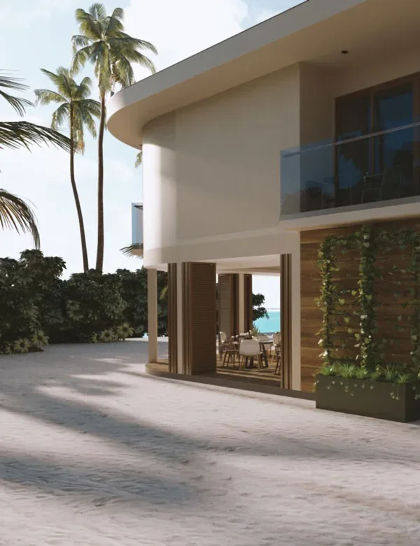 Architecture moderne avec vue sur la mer et végétation tropicale