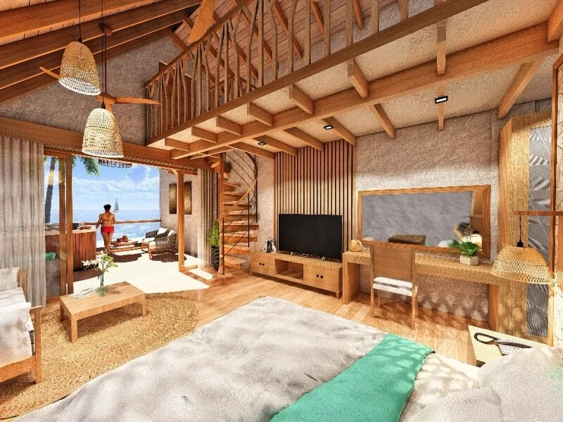 Intérieur d'une chambre avec vue sur l'océan et une personne