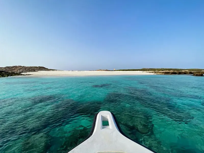 Vue depuis un bateau sur une plage de sable blanc et mer turquoise