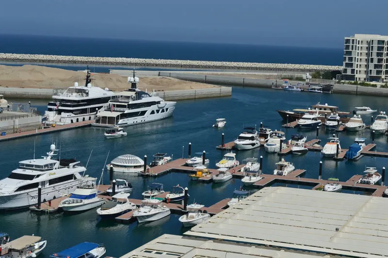 Port de plaisance avec de nombreux bateaux amarrés sous un ciel bleu