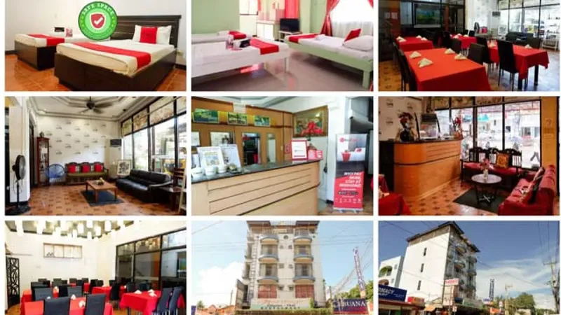 Collage de photos montrant des chambres, un hall d'accueil et un restaurant