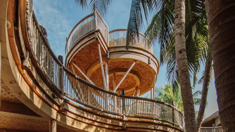 Architecture en bois et bambou, structure circulaire, palmiers, ciel bleu