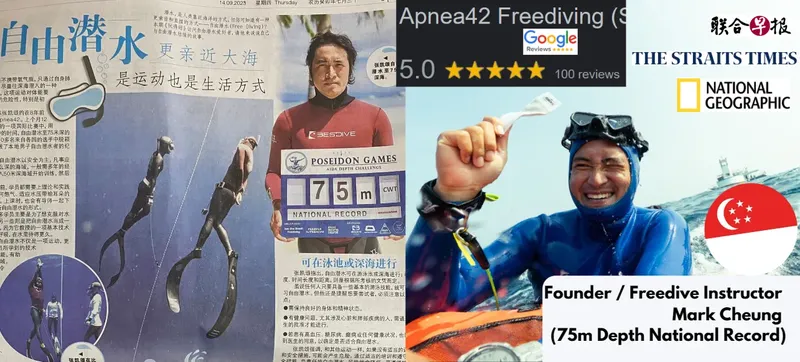 Collage de photos d'un instructeur de plongée apnée souriant et des logos de médias