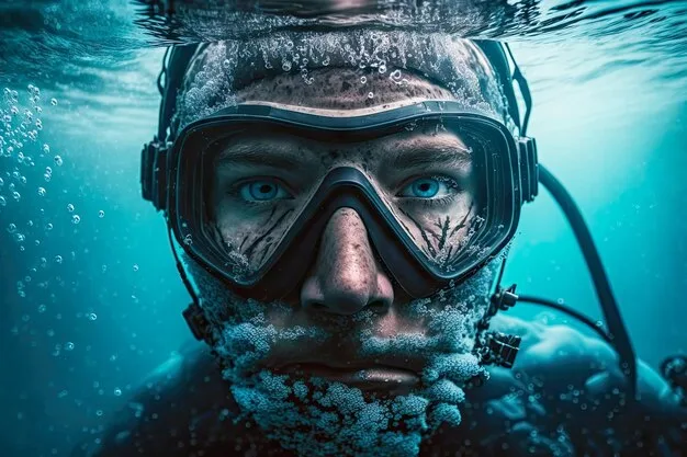 Plongeur regardant la caméra avec son masque et ses bulles