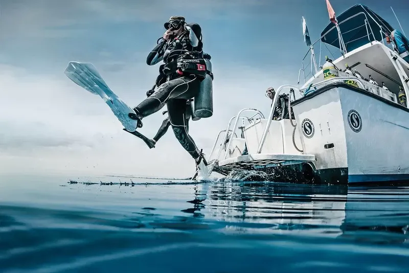 Plongeur s'apprête à entrer dans l'eau depuis un bateau de plongée