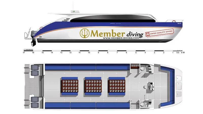 Schéma d'un bateau de plongée avec dimensions et logo de l'entreprise