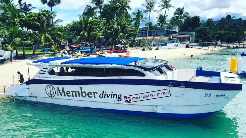 Bateau de plongée amarré près d'une plage avec des personnes à bord