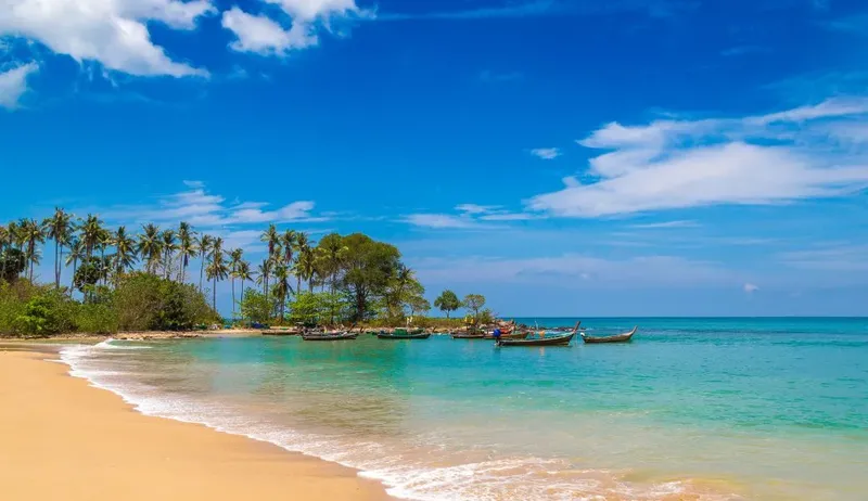 Plage tropicale avec bateaux de pêche et végétation luxuriante