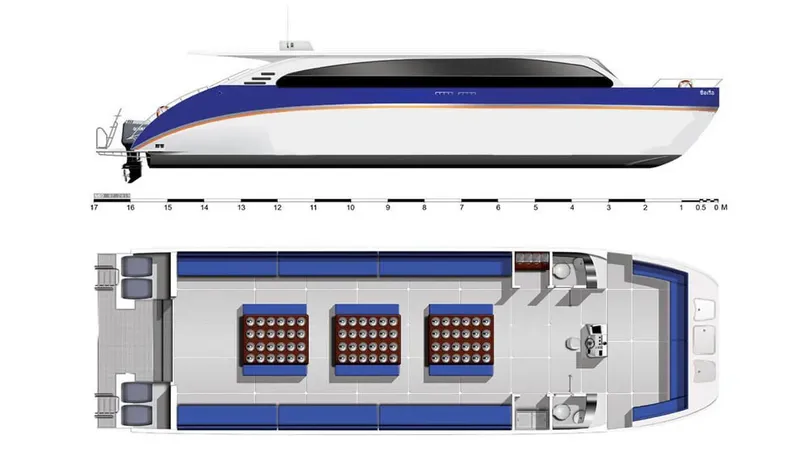 Schéma technique d'un bateau de plongée bleu et blanc avec dimensions