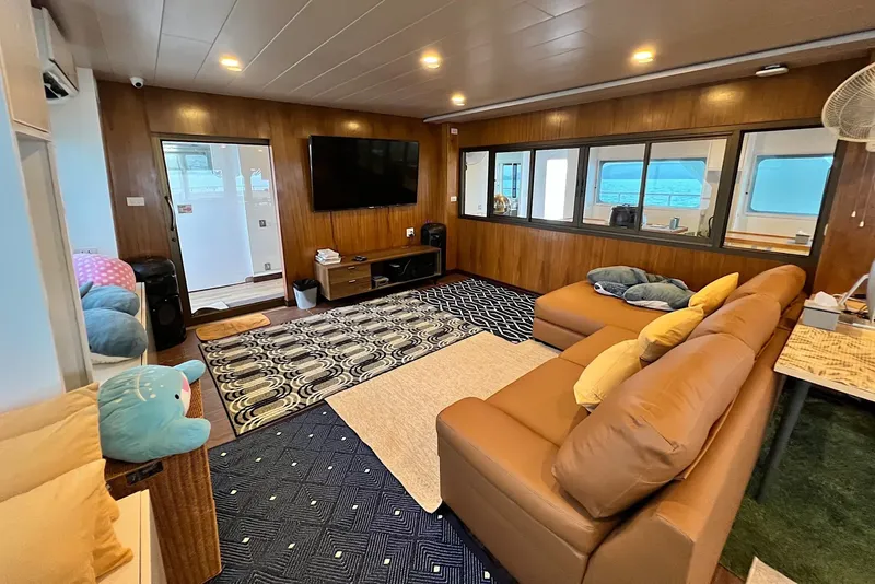 Salon confortable avec canapés, télévision et tapis décoratif intérieur bateau