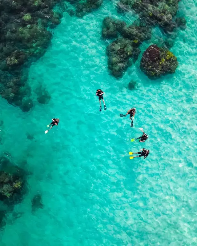 Vue aérienne de plongeurs explorant un récif corallien turquoise