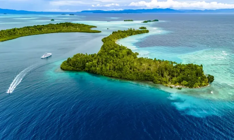 Vue aérienne d'une île tropicale avec un bateau en mer