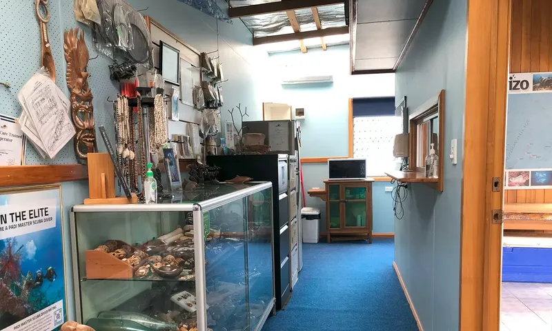 Interieur d'un centre de plongee avec du matériel et des vitrines