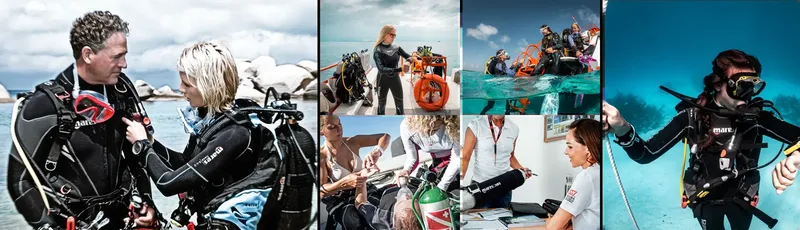 Plongeurs préparant leur matériel et embarquant sur un bateau bleu
