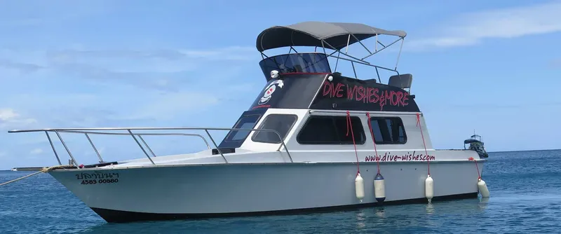 Bateau de plongée blanc et noir sur l'eau, avec texte et site web