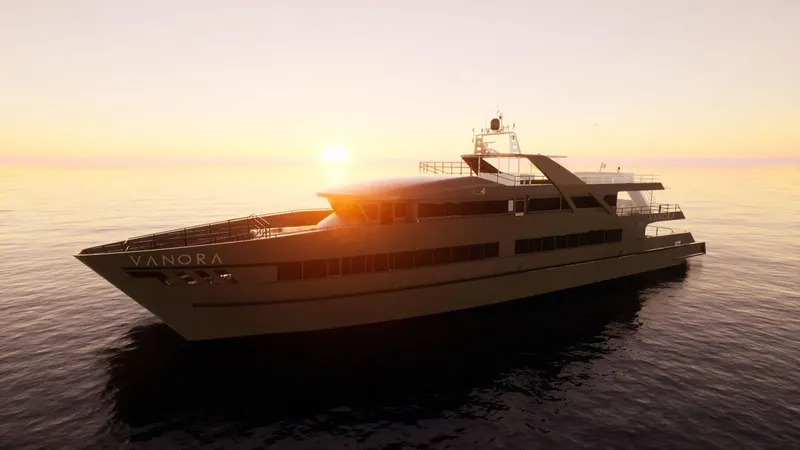 Grand bateau de croisière blanc navigue sur une mer calme au coucher du soleil