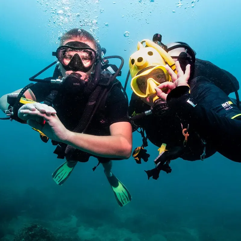 Deux plongeurs souriants en combinaison, palmes et masque sous l'eau