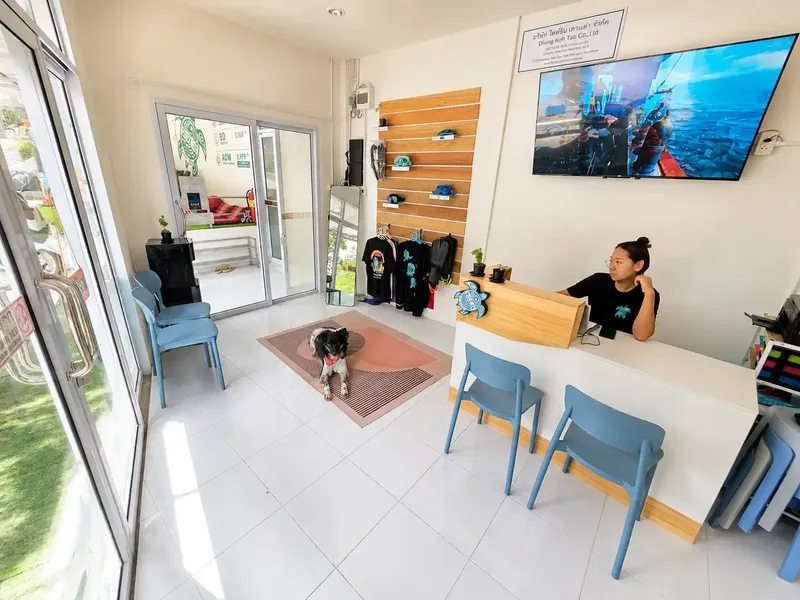 Interieur d'un centre de plongee avec un comptoir et un chien
