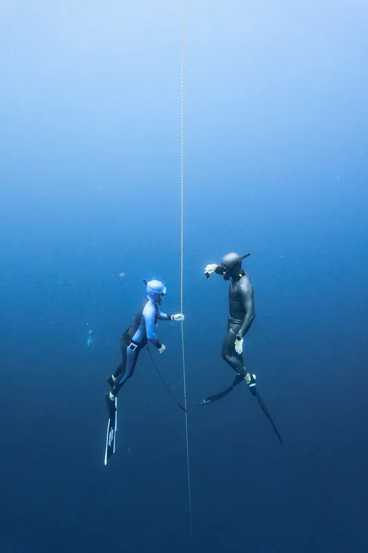 Deux apnéistes en combinaison s'observent dans les profondeurs bleues