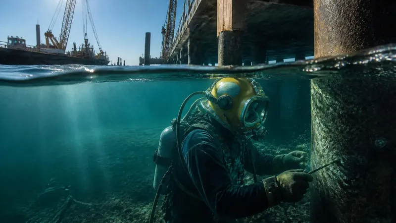 Plongeur professionnel travaillant sur une structure sous-marine en bleu