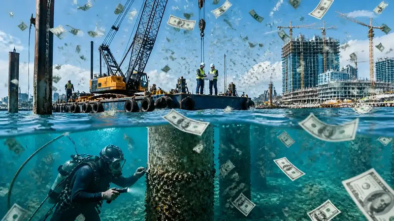 Plongeur photographiant un pilier sous un chantier en construction avec billets
