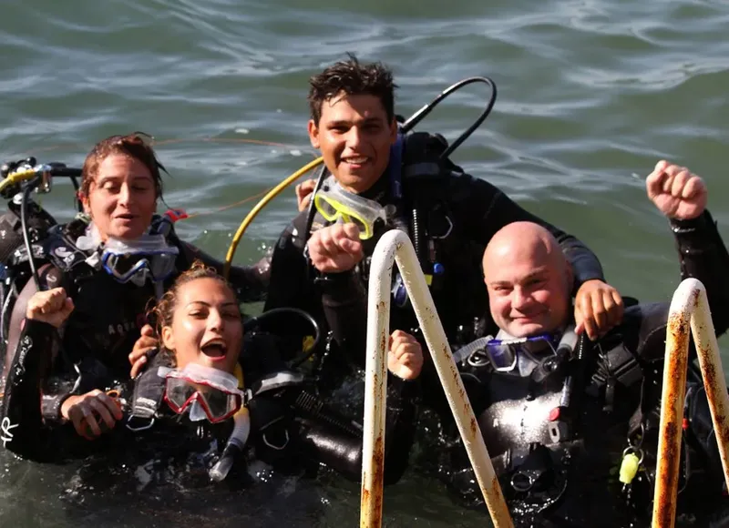 Quatre plongeurs souriants sortent de l'eau avec leur équipement