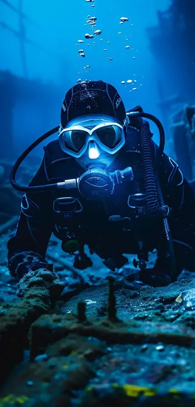 Plongeur explorant un site sous-marin avec équipement complet et lumière