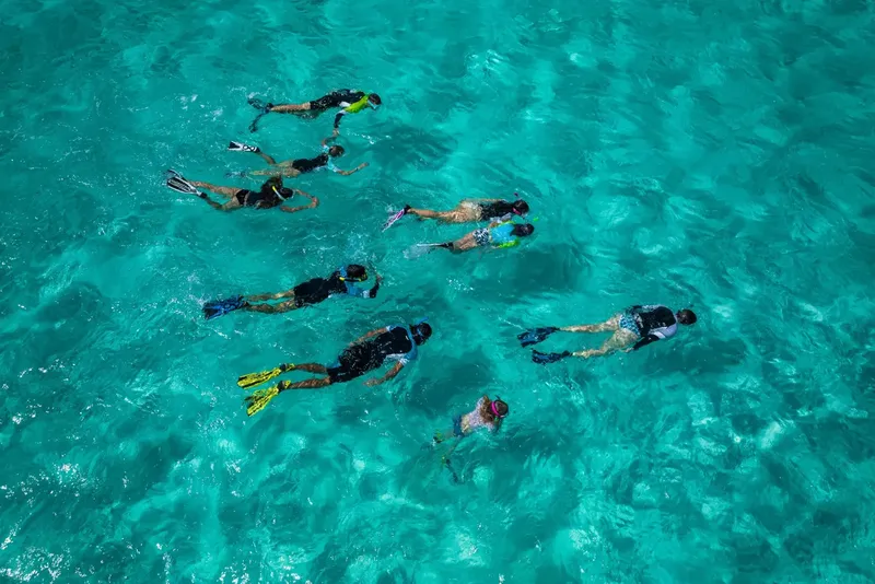 Groupe de plongeurs en apnée explorant une eau turquoise et claire