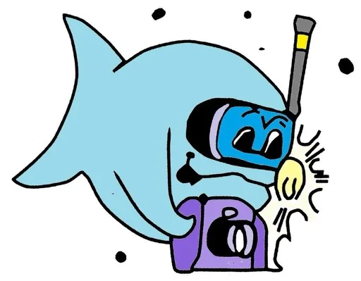 Requin anthropomorphe avec masque et tuba, tenant un appareil photo
