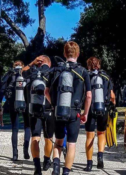 Quatre plongeurs équipés marchent ensemble sur un chemin ensoleillé